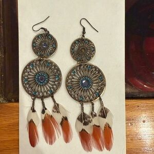 Bohemian Turquoise Filigree Feather Drop Earrings